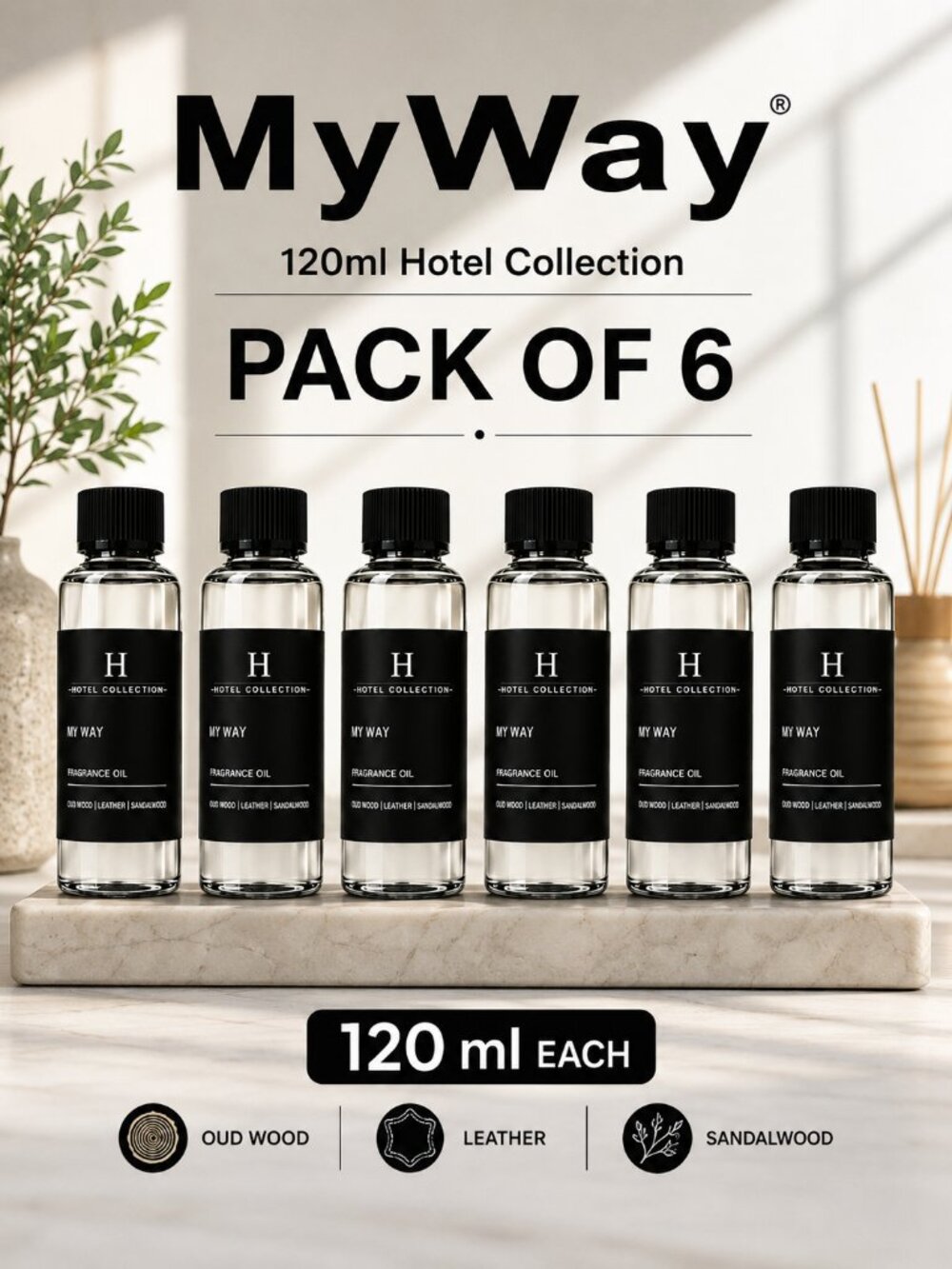 MyWay Hotel Collection Scent Diffuser Oil 120mL Luxury Inspired, Pack of 6